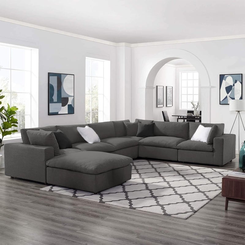 ملاذ هاوس أريكة على شكل حرف L مع مسند قدم من الخشب الطبيعي والكتان - رمادي - Image 1